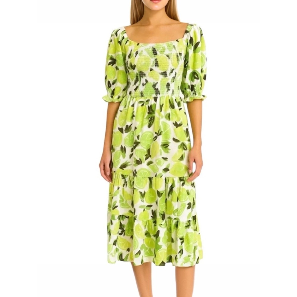 Steve Madden Sunny Lime Challis Midi‎ Dress XS Lemon Print Smocked Puff Sleeve
